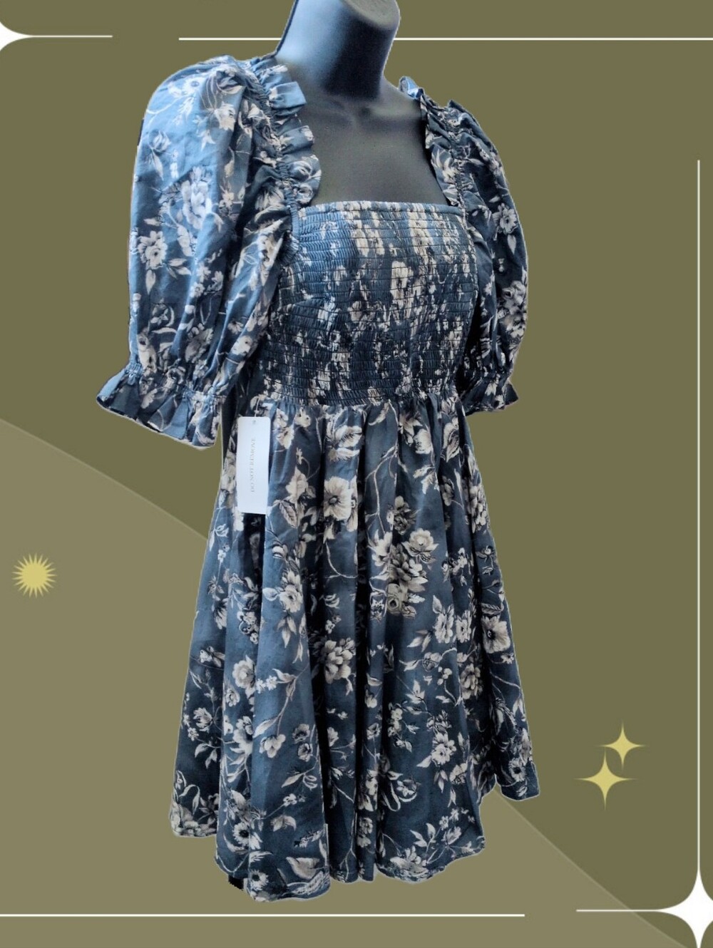 ✨ Nwt Selkie Blue Floral Cotton Puff Sleeve Mini Dress Size L